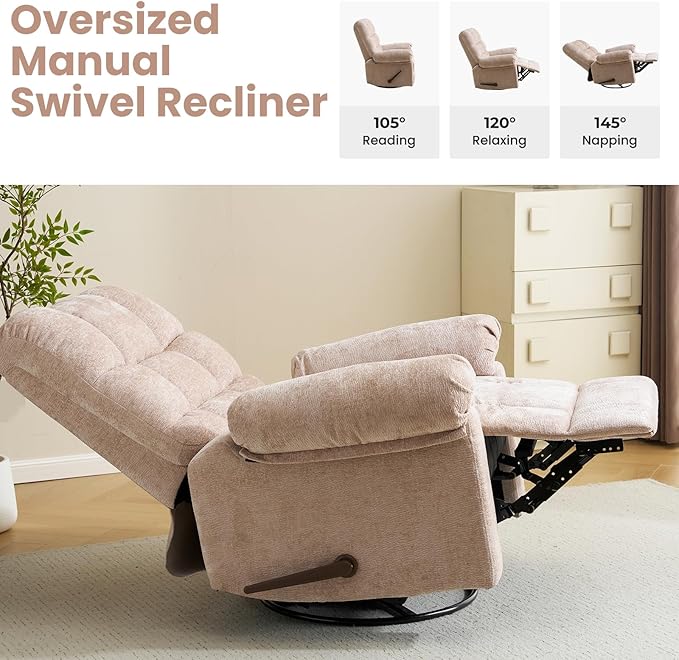 Oversized Swivel Rocker Recliner with Massage and Heat, 26" Extra Wide Manual Recliner for Adults & Big Man, Overstuffed Rocking Chair with High Back for Living Room, Beige Chenille