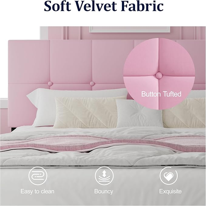 Full Size Bed Frame, Full Size Platform Bed Frame with Headboard, Upholstered Headboard, Sturdy Wooden Slats, Noiseless No Box Spring Required, Easy to Assemble, Pink