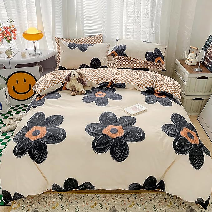 Luxlovery Floral Comforter Set California King Black and White Botanical Bedding Comforter Set Full Cute Chic Sunflower Pattern Blanket Quilts Women Girls 3 Piece Floral Bedding Set for Cal King Bed