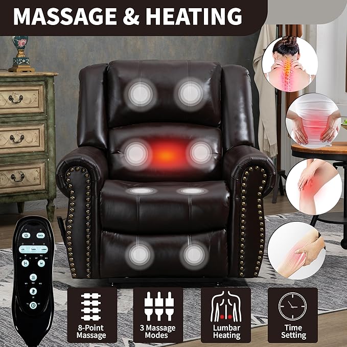 Dual Motor Power Lift Chair, Lay Flat Recliner Chair, Electric Recliner with Massage and Heat for Elderly, Remote Control, Infinite Position, Standing Assistance, USB Ports, Faux Leather, Brown