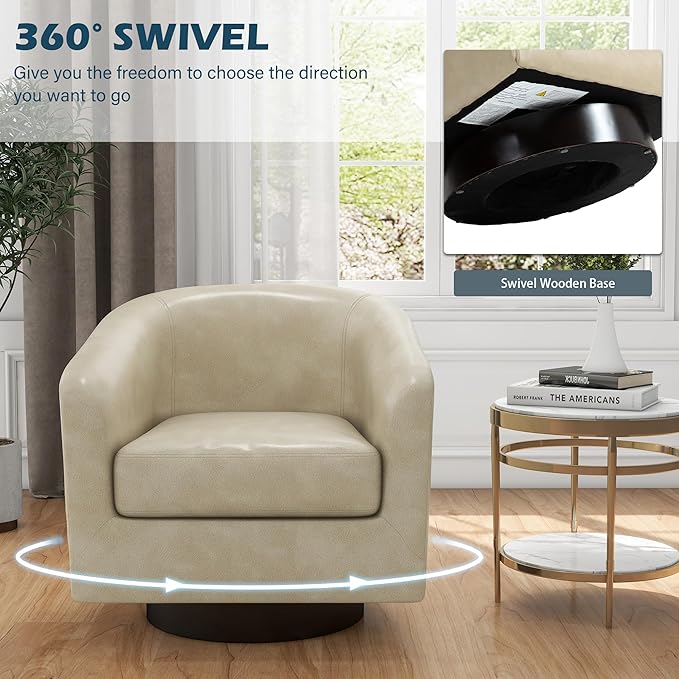 UIXE 360° Swivel Barrel Accent Chair Armchair, Faux Leather Modern Round Club Arm Chair Upholstered Single Sofa Seating Corner Nook Side Reading Seat for Living Room, Office, Bedroom - Cream
