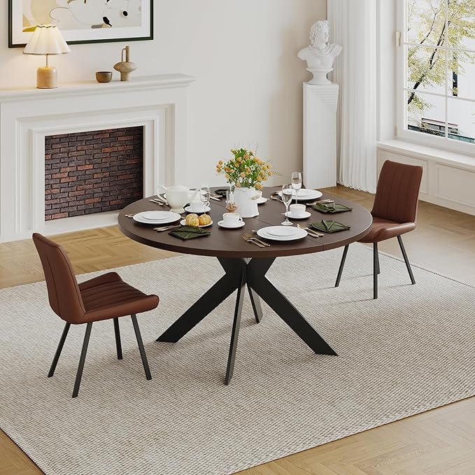 45.3" Walnut Round Dining Table Set with 2 Chairs – Mid-Century Modern Small-Space Kitchen & Dining Room Furniture for Apartment or Breakfast Nook (Walnut – Table + 2 Brown Chairs)