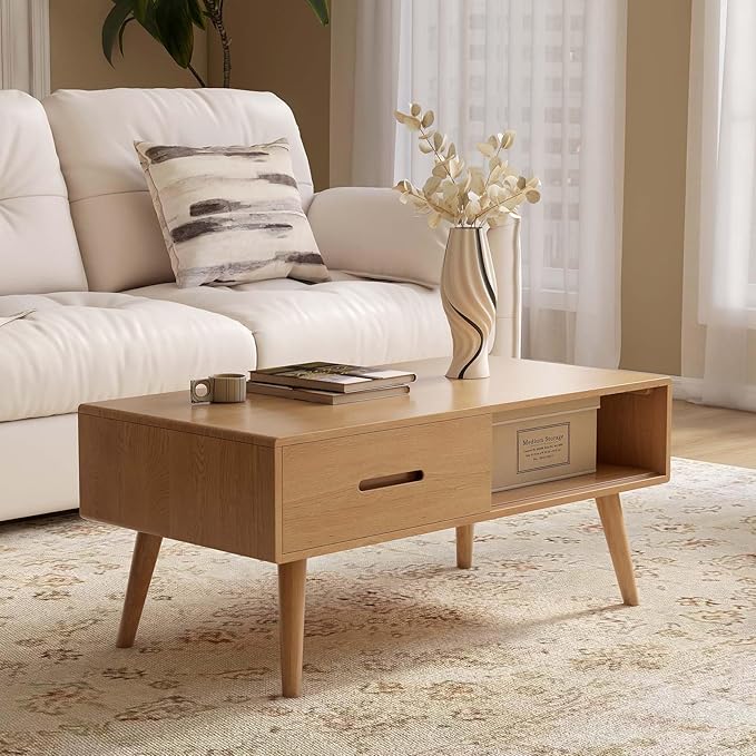 100% Solid Wood Coffee Table for Living Room, 39.37'' W Mid-Century Modern Coffee Table with Storage Shelf and 2 Drawers, Oak Coffee Tables for Home (Original Wood Color)