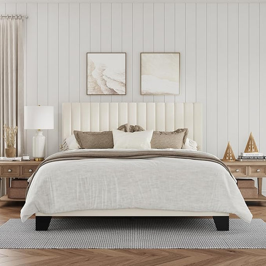 Queen Size Bed Frame, Velvet Upholstered Platform Bed with Adjustable Tufted Headboard, Sturdy Frame and Slats, Noiseless, No Box Spring Required, Easy to Assemble, Beige