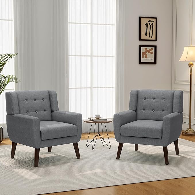 Accent Chair, Mid-Century Modern Fabric Chairs with Arms for Living Room, Comfy Upholstered Club Single Sofa Armchair for Bedroom Waiting Room with Solid Wood Frame (Fabric Grey, Set of 1)