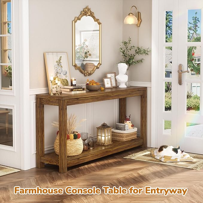 47" Farmhouse Wood Entryway Table Narrow Console Table with Storage Behind Couch Sofa Table with Shelves Entry Way Table with Open Storage, Easy Assembly, Rustic Brown