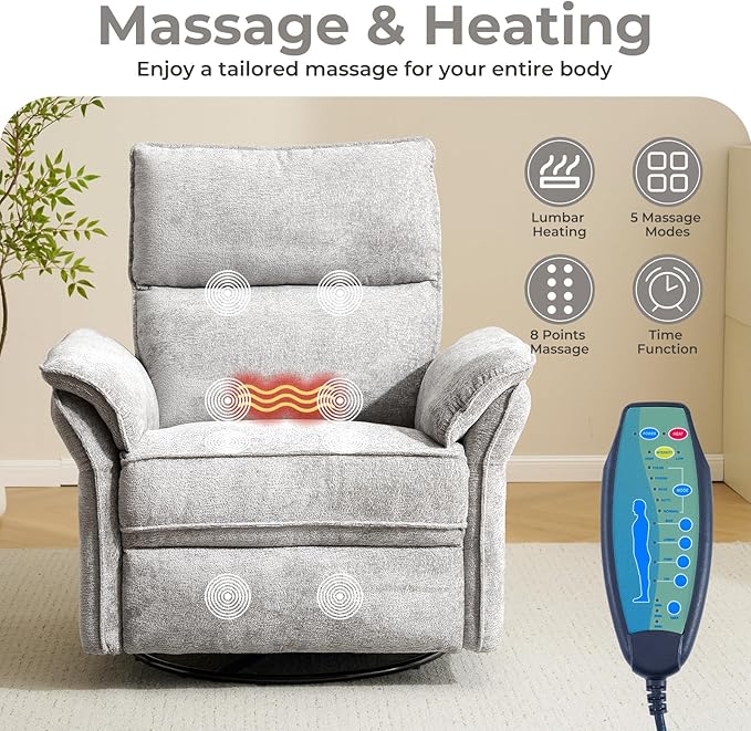 Oversized Power Recliner Chairs for Adults with Massage and Heat, Power Swivel Rocker Recliner Chair with Adjustable Headrest, 26" Extra Wide Rocker Nursery Recliner with USB Port, Light Grey