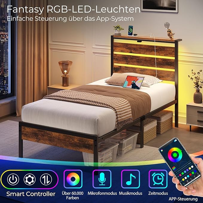 Rolanstar Bed Frame Twin Size with USB Charging Station, LED Bed Frame with Wood Storage Headboard, Rustic Brown Metal Platform Bed with Under Bed Storage, No Box Spring Needed, Noise Free