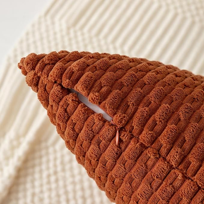 Kevin Textile Fall Throw Pillow Covers Soft Corduroy Decorative Set of 2 Boho Striped Pillow Covers Pillowcases Farmhouse Home Decor for Couch Bed Sofa Living Room 24x24 Inch Rust Brown