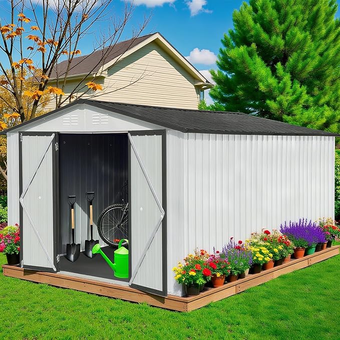 10 x 12 FT Outdoor Storage Metal Shed, Garden Bike Shed with Slooping Roof, Lockable Doors and Windows, All-Weather Tool Shed Easy to Assemble for Backyard, Patio, Lawn, White+Black