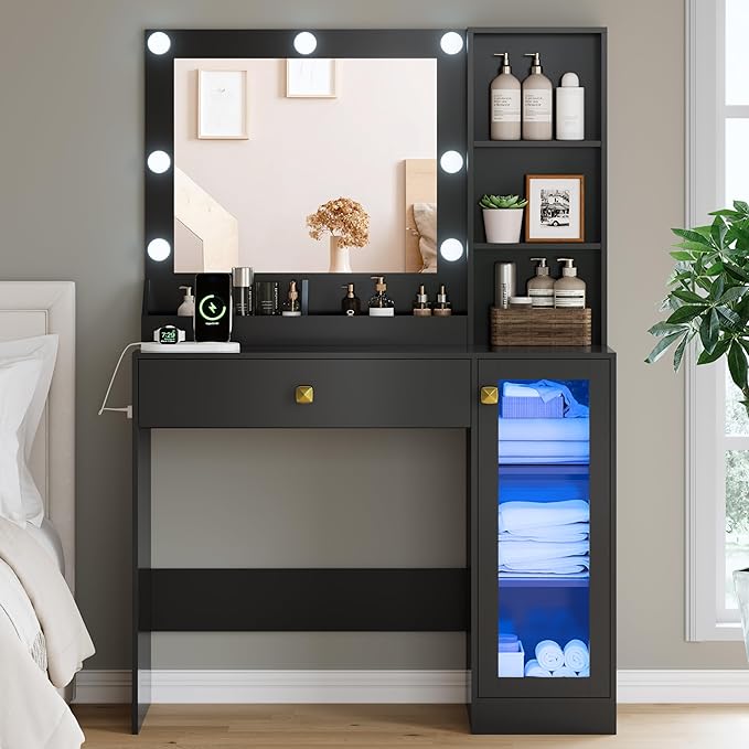 Vanity Desk with Mirror and Lights, Small Makeup Vanity Table with RGB Storage Cabinet & Power Strips & Shelves, 3 Lighting Modes & Adjustable Brightness, Dressing Table for Women Girls Bedroom, Black