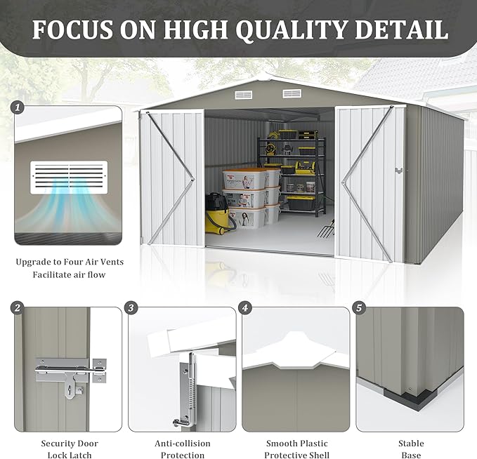 10x14 FT Outdoor Storage Shed, Large Metal Garden Shed with Side Door, Outside Tool Sheds with 3 Lockable Hinged Doors, Waterproof Storage Building with 4 Air Vents for Backyard, Patio, Light Gray