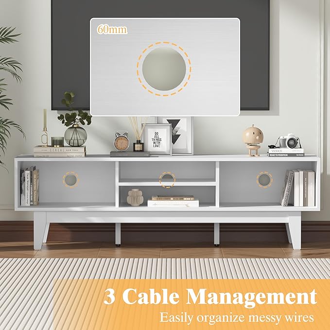 Wooden TV Stand for 55 65 70 inch TV, Long & Large TV Media Console Table with Storage Cabinets, Boho Farmhouse Entertainment Center for Living Room, Bedroom - White