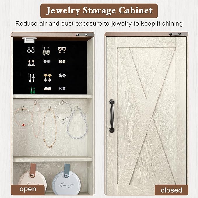 Farmhouse Makeup Vanity Desk with Sliding Mirror and Lights, 42" Glass Top White Vanity Set with Charging Station & 4 Drawers & 2 Cabinets, Dressing Table with Stool for Bedroom