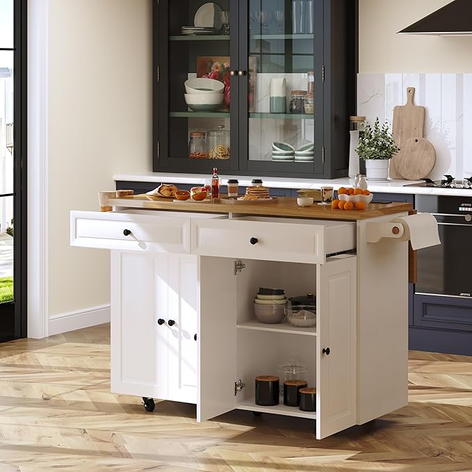 COCO DESIGN 60" Rolling Kitchen Cart with Power Strip & Drop Leaf, Thick Countertop, Large Storage Cabinet & Drawers, Mobile Island with Locking Wheels, Towel Rack and Spice Rack for Kitchen, White