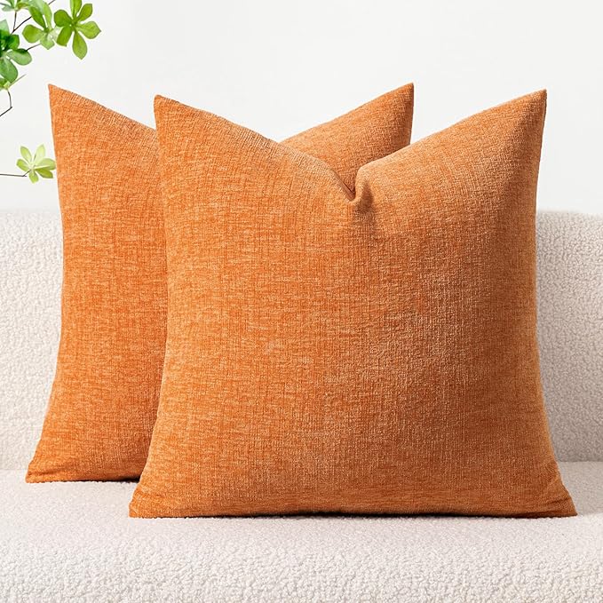 MIULEE Pack of 2 Orange Throw Pillow Covers 18x18 Inch Fall Soft Chenille Pillow Covers for Sofa Living Room Couch Solid Dyed Cases
