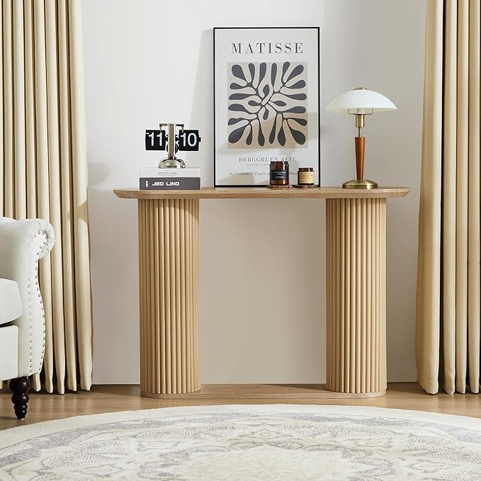 Fluted Console Table, Farmhouse Oval Curved Entryway Table with Storage and Fluted Wood Legs, Narrow Sofa Table Small Long Entry Table for Entrance, Hallway, Living Room (Natural)