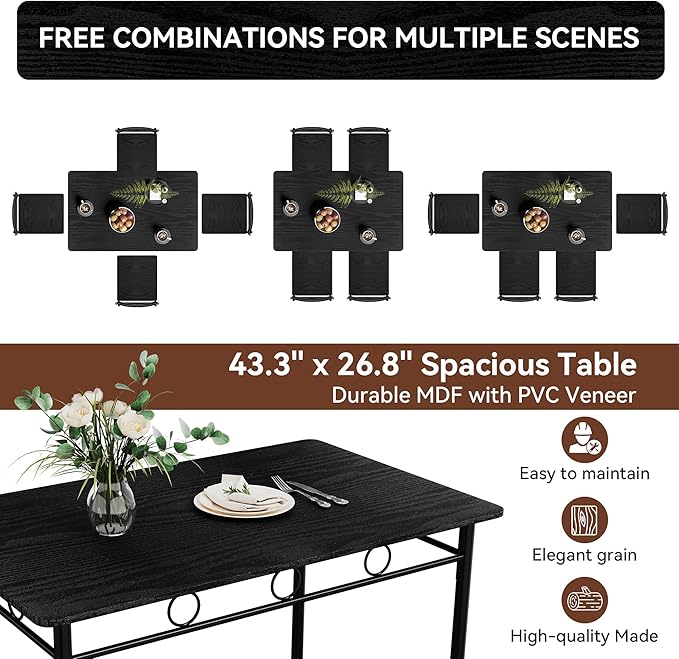 Vipbear 5-Piece Kitchen Table Set,Kitchen Dining Table Set for 4,Dining Room Table Sets,Rectangular Kitchen Table Set with 4 Chairs for Small Space, Dinette,Apartment,Black