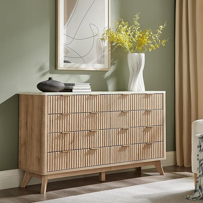 T4TREAM Fluted 8 Drawers Dresser, 54" Wide Modern Chest of Drawers with Faux Marble Top, Curved Profile Design, Dresser TV Stand, Wood Drawer Organizer for Bedroom, Living Room, Hallway, Natural Oak