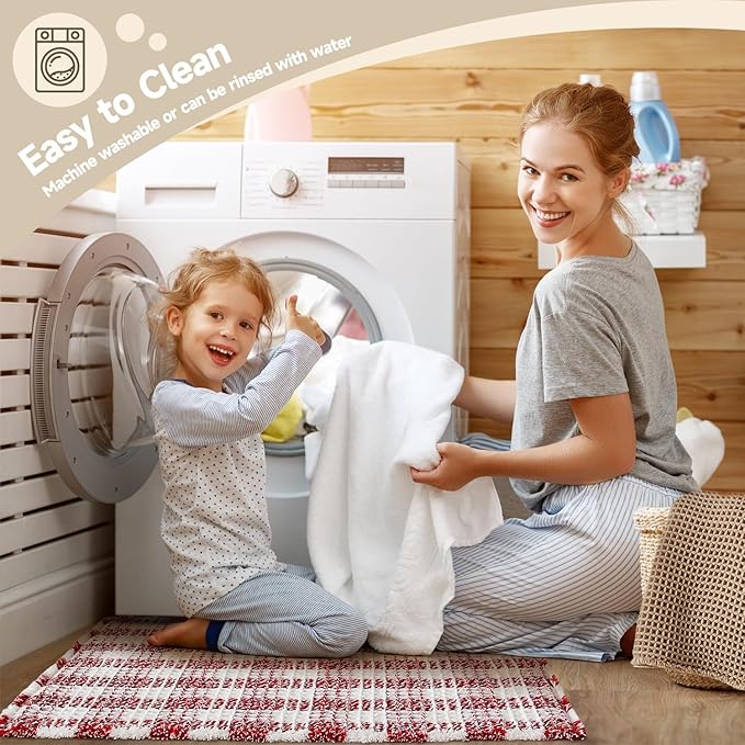 Waffle Runner Rug Bathroom, Long Boho Bathroom Rugs Non Slip Washable Absorbent Checkered Bathroom Mat Quick Dry Cute Bath Mat, 60"x24" Red and White