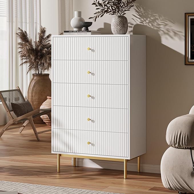 5 Drawer Dresser for Bedroom, Tall Dresser Chest of Drawers with Gold Handles, Wood Storage Cabinet for Bedroom, White