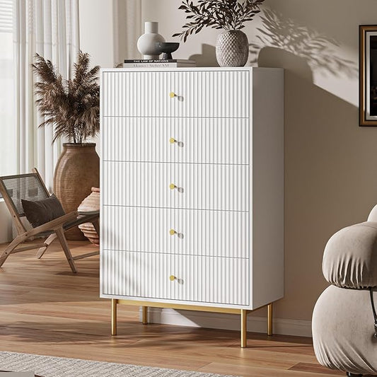 5 Drawer Dresser for Bedroom, Tall Dresser Chest of Drawers with Gold Handles, Wood Storage Cabinet for Bedroom, White