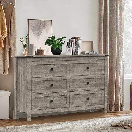 Farmhouse 6 Drawer Dresser for Bedroom, Wide Wood Dresser with Metal Handle for Bed Room, Hallway, Light Grey Rustic Oak
