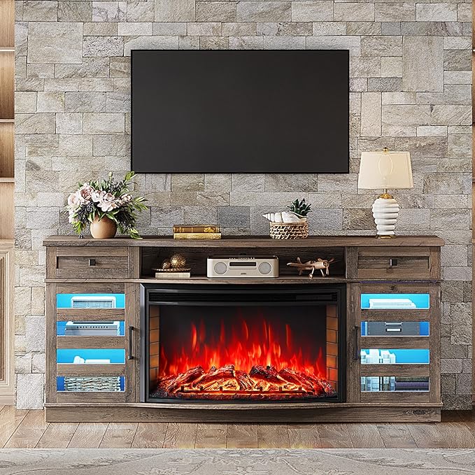 70" Farmhouse Curved Fireplace TV Stand, LED Light Entertainment Center Table with 36'' Upgrade Electric Fireplace TV Console Cabinet for TVs Up to 80", Wash Grey