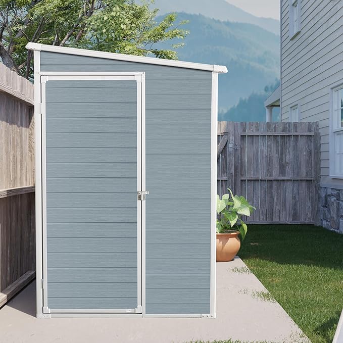 4x8 FT Outdoor Storage Resin Shed with Floor, Waterproof Plastic Garden Tool Shed with Windows, Vents & Lockable Door and Sloped Roof, Easy to Assemble Bike Shed for Patio, Backyard, Lawn, Grey