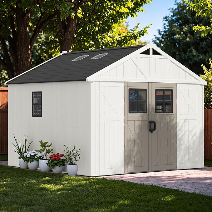 Greesum 10×10 FT Plastic Outdoor Storage Shed with Floor and Lockable Door, Resin Sheds with Windows and Skylights, Weather Resistant Organization for Garden, Lawn, Pool Supplies, Beige