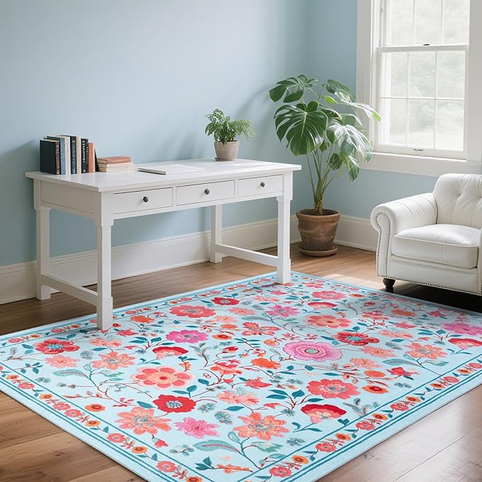 Floral Area Rug 5x8 Rugs, Machine Washable Rug Non-Slip Low Pile Rug for Living Room, Bedroom, Farmhouse, Dining Room, Blue