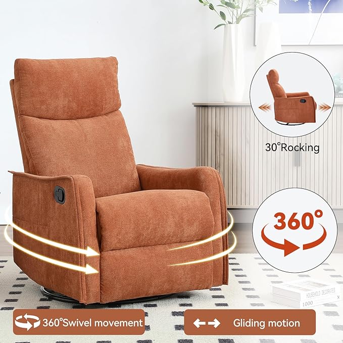 Massage Rocker Swivel Recliner Chair for Adults, Manual Recliner Glider with Lumbar Heating, Technical Flannel Fabric Nursery Glider Rocking Chair with Vibration Massage for Living Room - Orange