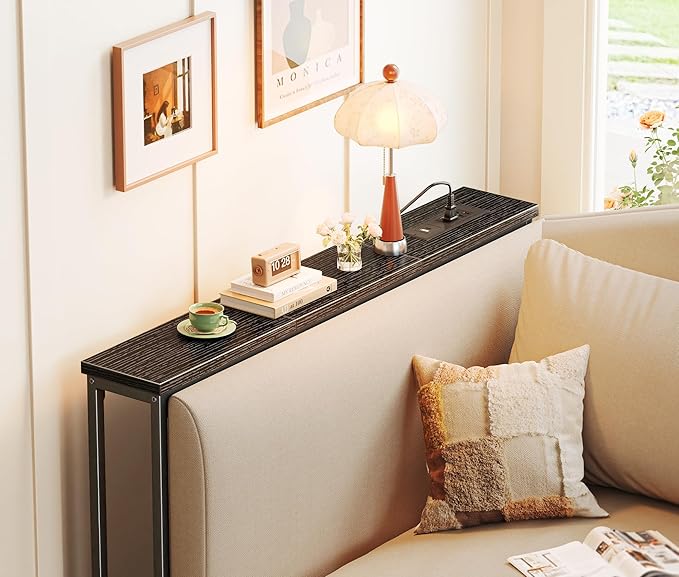 SUPERJARE 5.9 Inch Console Table with Outlet, Sofa Table, Behind Couch Table, 5.9 x 39.4 x 29.1 Inches, Metal Frame, Charging Station, for Living Room, Black