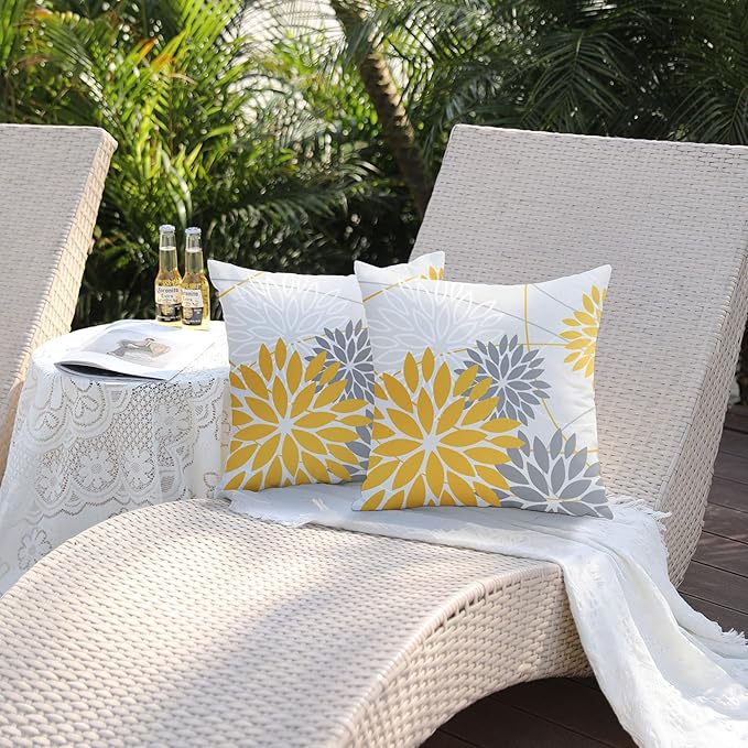 Yellow and Grey Floral Pillow Covers 20x20 Set of 2 Outdoor Waterproof Decorative Throw Pillows Summer Pillow Covers Polyester Cushion Case Decor for Couch Patio Funiture Garden Porch 01Z20