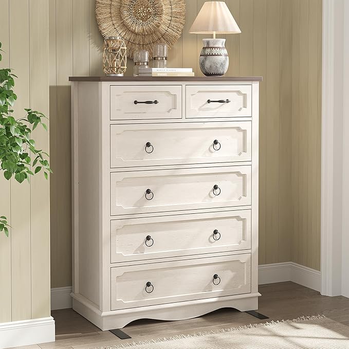 Maupvit 6 Drawer Dresser, 43" Tall Chest of Drawers for Bedroom, Farmhouse Dresser with Large Drawers & Metal Ring Pull Handles, Wood Dressers for Living Room, Hallway, Entryway, Antique White