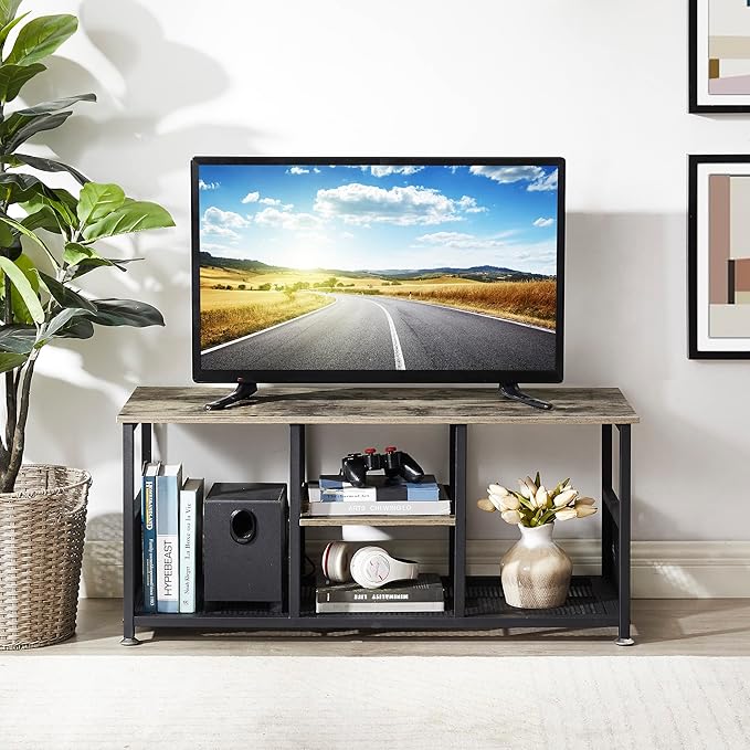 VECELO TV Stand Up to 50 Inches, 39 Inch Industrial Entertainment Center Media Console with Open Storage Shelves, Wooden Coffee Table with Metal Frame, Grey