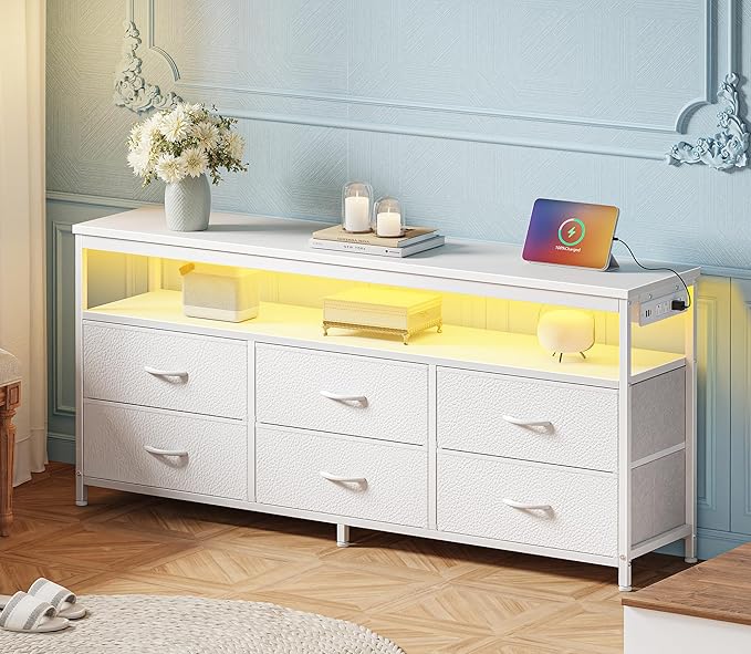 Huuger LED TV Stand for Bedroom, 55 Inch Fabric Dresser with Power Outlets, Entertainment Center for 60, 55, 50 Inch TV, 6 Drawer Dresser for Bedroom, Chest of Drawers with Shlef, PU Leather, White
