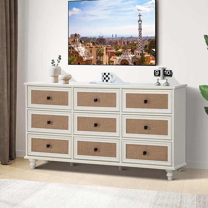 9 Drawer Dresser for Bedroom, Mid Century Modern Wide Wood Rustic Chest of Drawers Wooden Storage Organizer Dressers with Burlap Rattan Drawers for Living Room, Hallway Closet, Entryway, Beige White