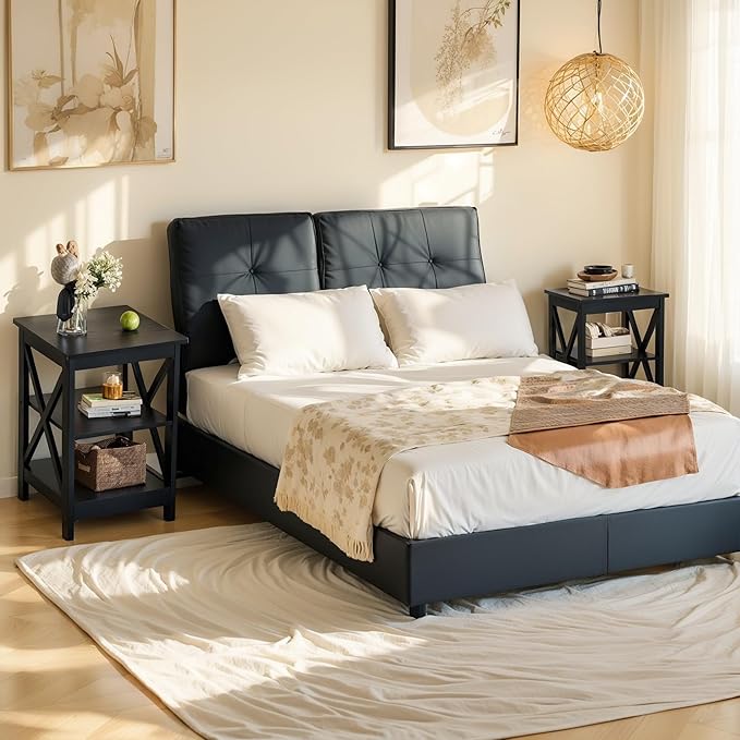 ALPHA HOME Side Tables Farmhouse End Table Set of 2, Small Bedside Tables 3-Tier Storage Shelf for Small Spaces, Couch End Tables, End Table for Living Room, Bed Room, Black