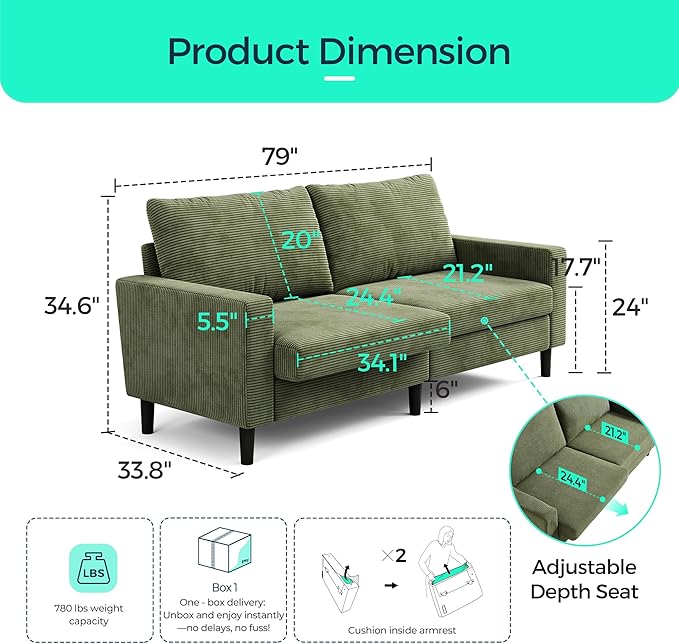 LINSY Modern Loveseat Sofa Couches for Living Room, Comfy Corduroy Sofa, Adjustable Seat Depth, Extra Deep Seats, Solid Wood Frame, Removable Cover, Love Seat Couch for Small Spaces (79inch, Green)