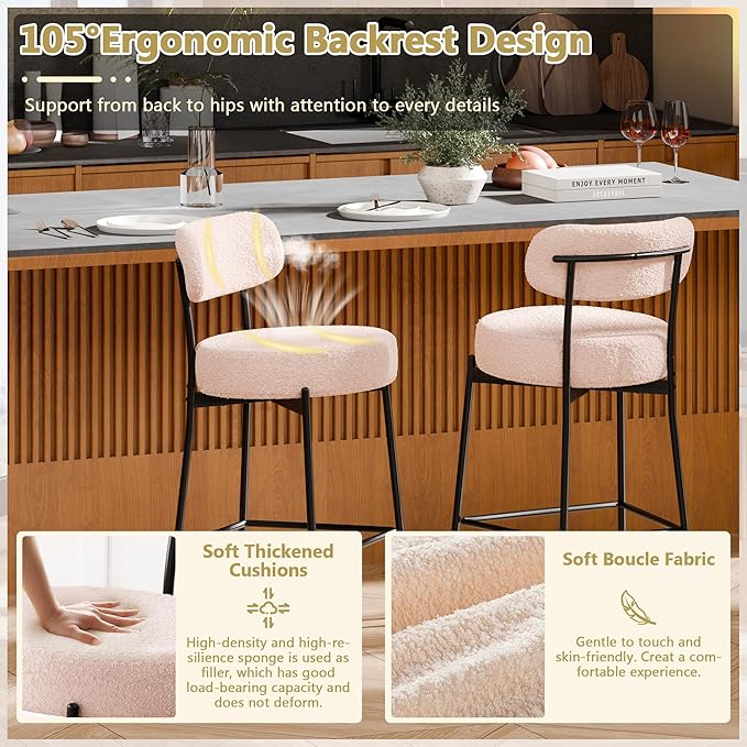 DYHOME Bar Stools Set of 4, 24 Inches Modern Counter Height Bar Stools with Curved Back Metal Legs, Beige Upholstered Boucle Barstools for Kitchen Island, Cafe