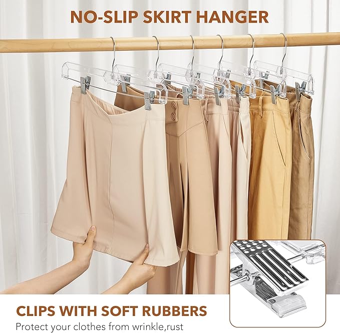 HOUSE DAY Clear Pants Hangers with Clips 12 Pack, Plastic Skirt Hangers for Women, 14 Inch Clip Hanger for Pants, Skirts, Jeans, Shorts, Legging, with 360-degree Swivel Hook, 2 Adjustable Clips