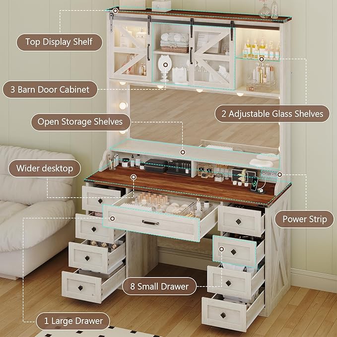 Farmhouse Makeup Vanity with 9 Drawer, Vanity Desk with Mirror and Lights 3 Colors, 75.2" Large Vanity with 2 Sliding RGB Barn Door,Storage Shelves,Power Outlets for Bedroom,Antique White