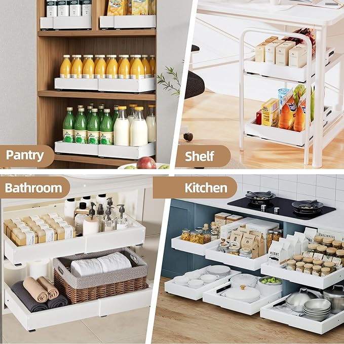 2 Pack Expandable Pull Out Cabinet Organizer, Width (12"-19" ) & Depth (16.5"-22")No Drill Adjustable Cabinet Pull Out Shelves for Kitchen,Pantry, Adhesive Roll Out Shelves for Kitchen Cabinets-White