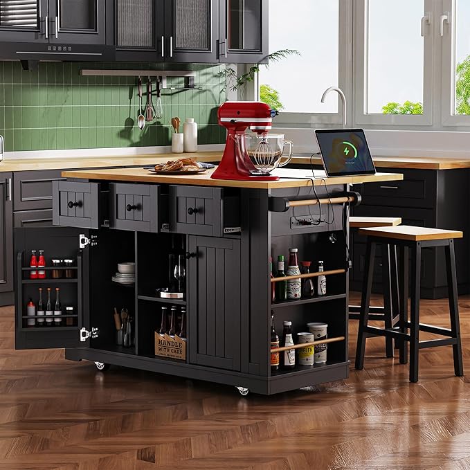 Large Kitchen Island Cart on 5 Wheels with 2 Bar Stools, Power Outlet, Drop Leaf, 3 Drawers, Kitchen Storage Cart with 5 Open Side Racks for Kitchen, Dining Room, Home Bar Black