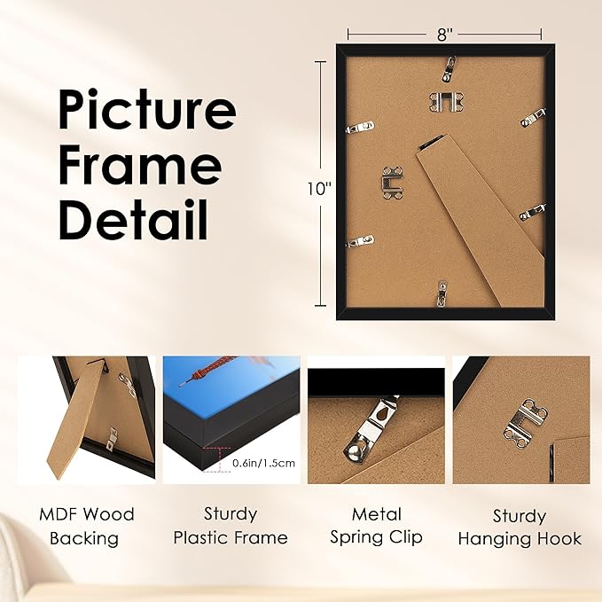 FIXSMITH 8x10 Picture Frame, Black Photo Frame with HD Plexiglass, Display Pictures 5x7 with Mat or 8x10 Without Mat, Picture Frames Collage for Tabletop or Wall Display, 2 Pack