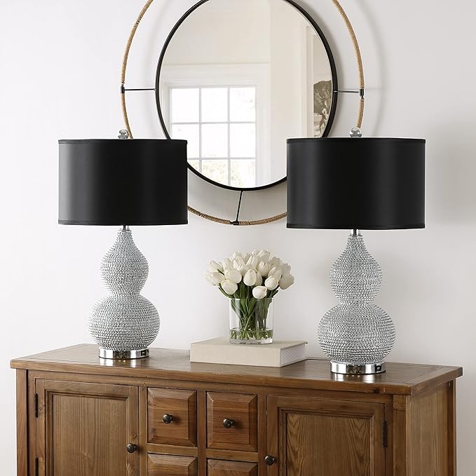 SAFAVIEH Lighting Collection Nicole Silver/Black Shade Beaded 25-inch Table Lamp Set of 2 with USB Charging Port (LED Bulbs Included)