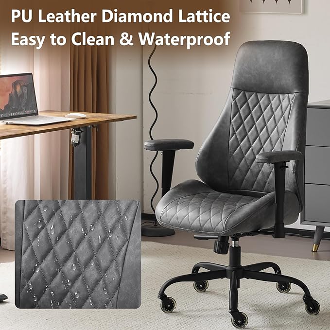 YFO Home Office Desk Chair High Back Office Rubber Chair Casters Ergonomic Computer Chair with Lumbar Support Adjustable Height Rolling Swivel Chair Executive Task Armrests, Grey Leather