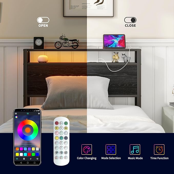 Twin Bed Frame with Storage Headboard/LED Lights,Metal Bed Frame Twin Size with Charging Station,Twin Platform Bed Frame No Box Spring Needed,Beds Base,Heavy Duty Metal Slats Support,Black