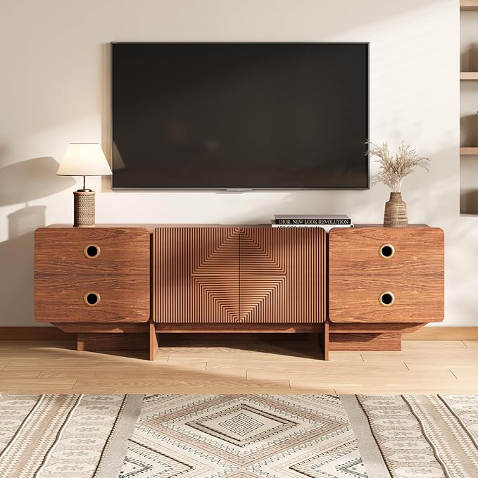 66" Fluted TV Stands for Living Room, Mid Century Modern TV Consoles for 75 inch TV, Entertainment Center with Storage, Media Console with Adjustment Shelf(Cherry)